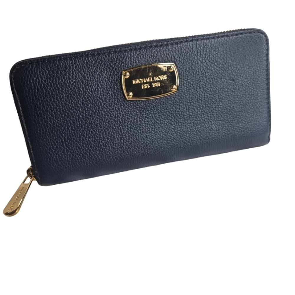 Michael Kors Zip Around Wallet clutch NAVY BLUE Gold Hardware